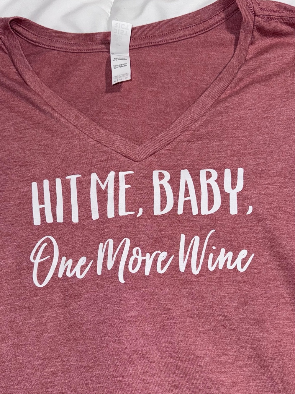 Graphic V-Neck Tee - Hit Me, Baby, One More Wine" - Dusty Rose XL